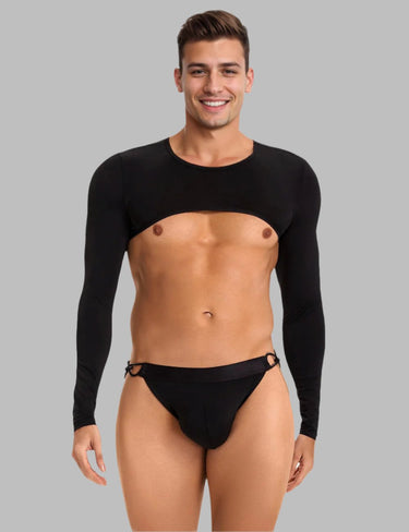 a man wearing a black underwear and a black shirt